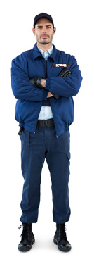 Portrait of security standing with arms crossed against white background